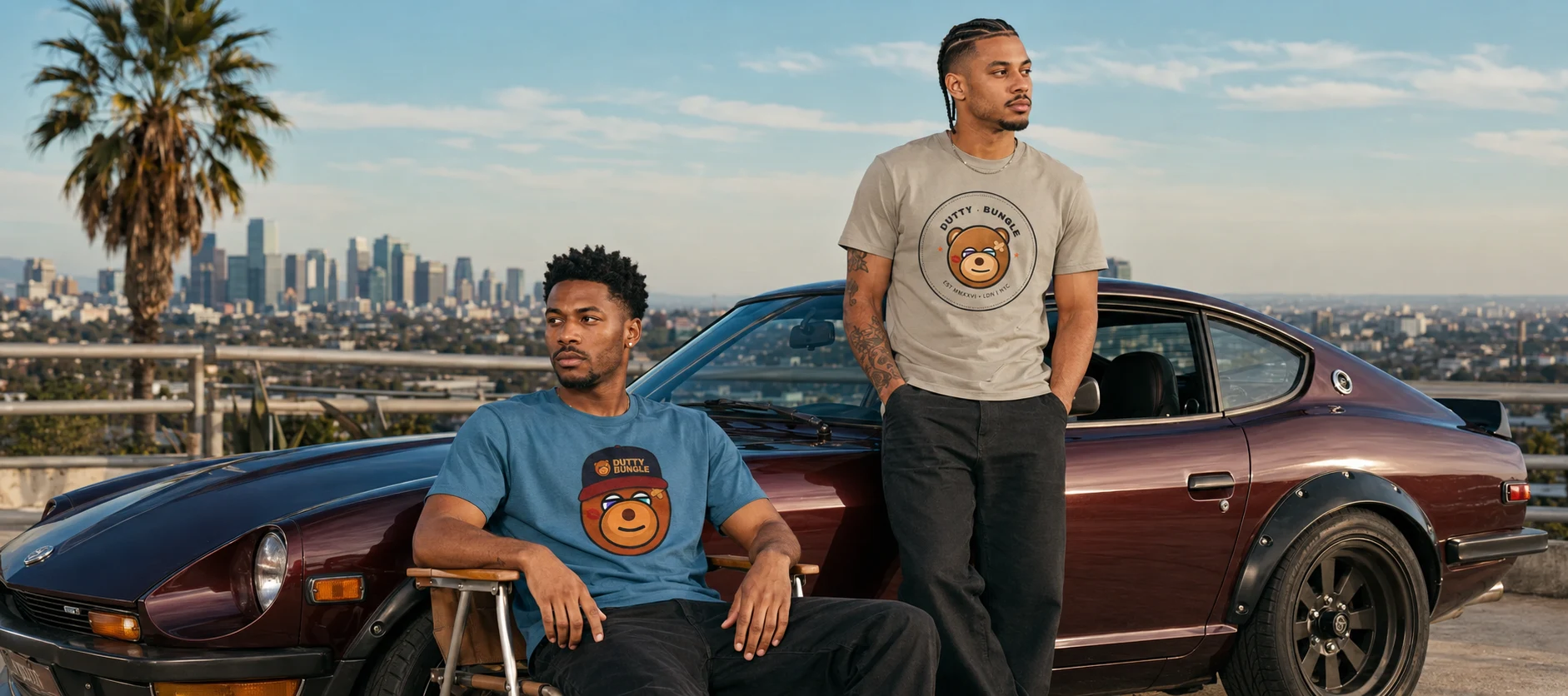 Dutty Bungle T-shirts worn by a classic car