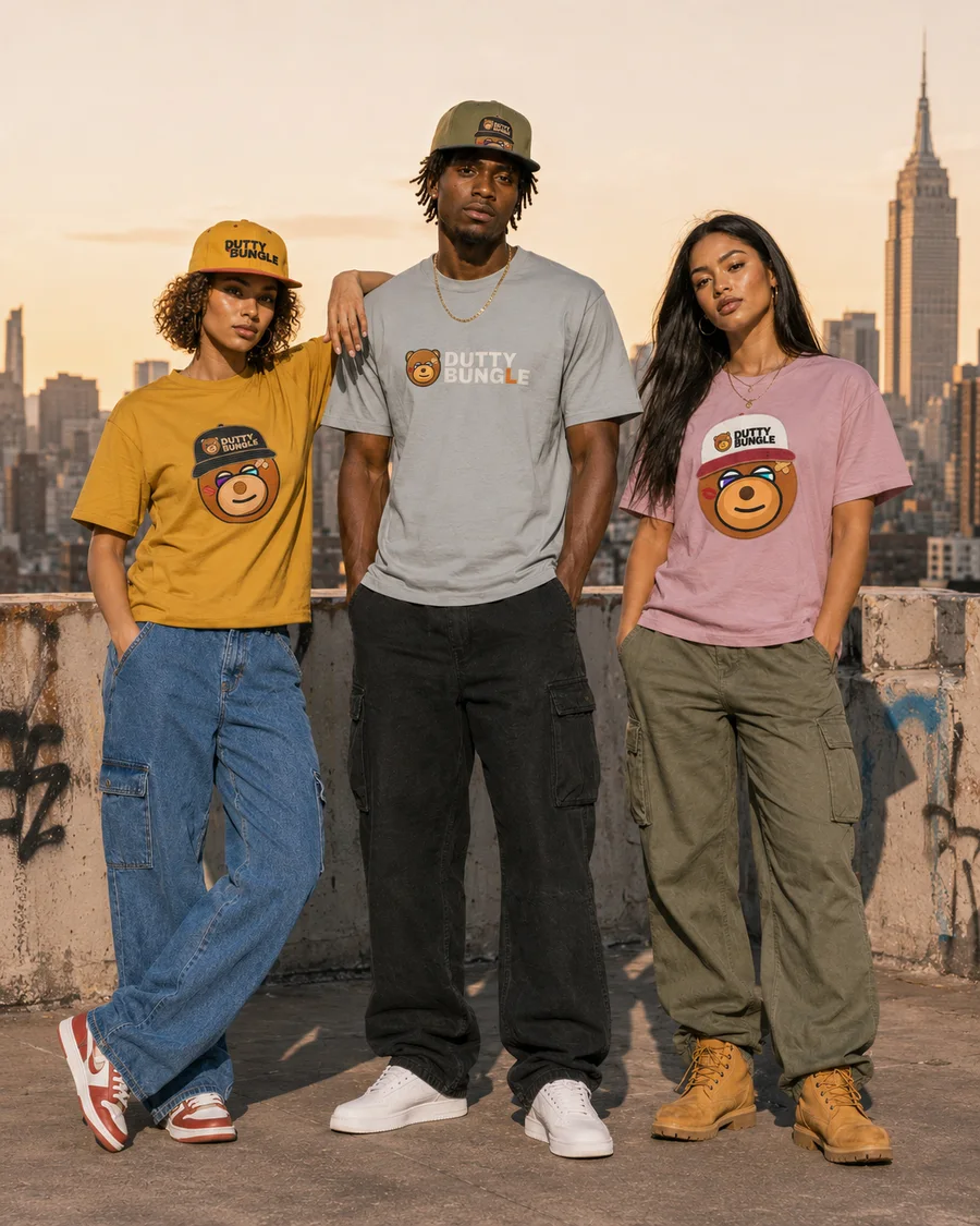 Dutty Bungle caps and tees worn outside